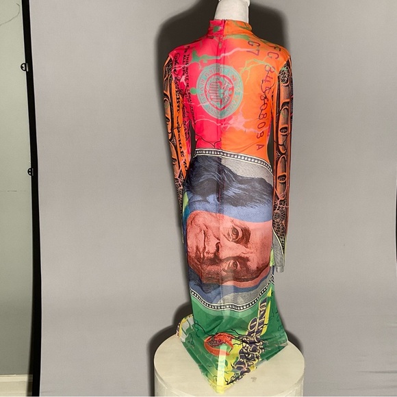 No 1 Los Angeles Long Sleeve Stretch Dollar Print Mesh Bodycon Sexy Maxi Dress - Picture 5 of 14